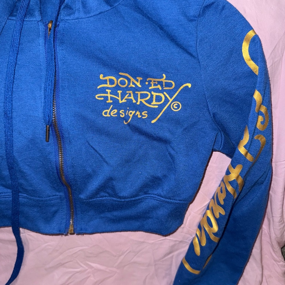Don Ed Hardy Blue Zip-Up CROPPED Hoodie